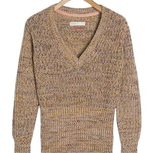 Anthropologie Pilcro Wool V Neck Chunky Cable Knit Sweater Black & Tan XS Preppy